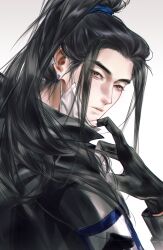 1boy absurdres all_wishes_come_true! alternate_costume black_cape black_gloves black_hair black_jacket brown_eyes cape chinese_commentary closed_mouth commentary_request contemporary ear_piercing earrings fingerless_gloves glint gloves hand_up high_ponytail highres jacket jewelry jiushuo long_hair looking_at_viewer looking_back lord_of_dark_blade_(all_wishes_come_true!) lu_dongbin_(all_wishes_come_true!) male_focus mask mask_pull mouth_mask piercing ponytail sidelocks simple_background solo upper_body white_background 