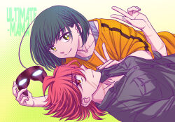  2girls animal_ears black_hair black_skirt breasts commentary_request copyright_name fujimori_manatsu hayashiya_shizuru holding holding_mask juuou_hagane lying mask medium_breasts multiple_girls multiple_scars on_back orange_eyes orange_shirt scar scar_on_cheek scar_on_face scar_on_neck shirt short_hair skirt ultimate-mama v yellow_eyes 
