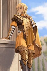  1girl armor armored_legwear blonde_hair blue_sky boots breasts brown_dress cape clouds commentary dress english_commentary fire_emblem fire_emblem:_fortune's_weave green_eyes highres long_sleeves looking_to_the_side medium_breasts outdoors short_hair sky solo yan_kodiac yellow_cape yellow_dress 