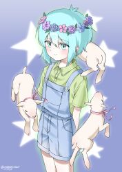  1boy animal antenna_hair aqua_eyes aqua_hair arm_behind_back baby_animal basil_(headspace)_(omori) basil_(omori) blue_background blue_overalls blush commentary cowboy_shot double-parted_bangs flower flower_wreath ggggg27227 green_shirt hair_behind_ear hair_between_eyes head_wreath highres lamb looking_to_the_side male_focus omori overall_shorts overalls sheep shirt short_hair short_sleeves sidelocks smile star_(symbol) twitter_username untranslatable_commentary 