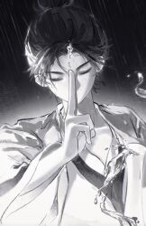  1boy absurdres aged_down all_wishes_come_true! black_hair chinese_clothes chinese_commentary closed_eyes coat collarbone commentary_request covered_mouth dripping facing_viewer floating_hair greyscale hair_bun hand_up hanfu highres hydrokinesis kuji-in liquid long_sleeves male_focus miaogugu603 monochrome open_clothes open_coat rain robe single_hair_bun solo updo upper_body water water_drop wet wet_hair wide_sleeves zhongli_quan_(all_wishes_come_true!) zhongli_quan_(young)_(all_wishes_come_true!) 