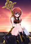  black_dress black_legwear blue_eyes blush boots breast_hold breasts brown_hair crossed_arms dress hair_ornament hairclip hat holding holding_hat kagura_yuuto long_hair lyrical_nanoha mahou_senki_lyrical_nanoha_force mahou_shoujo_lyrical_nanoha schwertkreuz sitting sky socks sunset yagami_hayate 