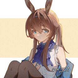  1girl amiya_(arknights) arknights ascot bare_shoulders blue_collar blue_eyes brown_hair brown_pantyhose chinese_commentary chromatic_aberration closed_mouth collar commentary_request dated de-lease film_grain hair_between_eyes jewelry knees_up long_hair multiple_rings off_shoulder pantyhose purple_ascot ring shirt sitting sleeveless sleeveless_shirt solo twitter_username watermark white_background white_shirt yellow_background 