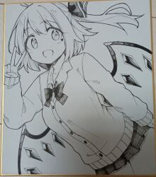  1girl absurdres alternate_costume bow bowtie cardigan collared_shirt commentary_request contemporary crystal crystal_wings flandre_scarlet greyscale hair_between_eyes hair_ribbon highres long_sleeves looking_at_viewer moja_(moja4192) monochrome one_side_up open_mouth photo_(medium) pleated_skirt ribbon school_uniform shikishi shirt skirt smile solo touhou traditional_media v wings 
