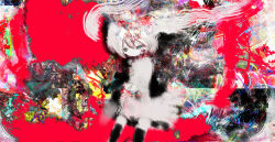  1girl abstract abstract_background absurdres blue_eyes closed_mouth commentary_request cowboy_shot dress floating_hair hair_floating_upwards hatsune_miku highres hilty looking_ahead looking_at_viewer red_background solo twintails vocaloid white_dress white_hair 