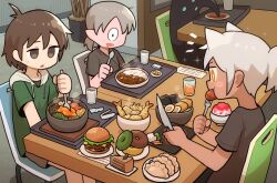  1girl 2boys animal_ears black_shirt bowl burger cake cat_ears chair cup curry dark-skinned_female dark_skin doughnut drinking_glass drooling eating food fork grey_hair hardboiled_egg highres holding holding_fork holding_knife holding_spoon hood hood_down hoodie knife looking_at_food multiple_boys noodles one-eyed orange_eyes original pointy_ears ponytail ramen restaurant rice shaved_ice shirt short_sleeves shrimp shrimp_tempura sparkle spoon steak steam sweatdrop table takurada tempura 