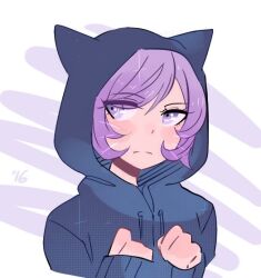  1girl alternate_costume anabel_(pokemon) animal_hood blush cat_hood closed_mouth commentary dated drawn_whiskers drawstring eyelashes hair_between_eyes hood kokomi_(aniesuakkaman) long_sleeves pokemon pokemon_sun_and_moon purple_hair simple_background solo split_mouth violet_eyes 