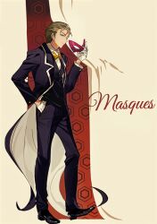  1boy absurdres black_coat black_pants black_vest blue_eyes bow bowtie closed_mouth coat coat_lift coattails collared_shirt commentary dress_shirt earrings eiyuu_densetsu english_text eye_mask firo3404 from_side gloves green_hair hair_slicked_back half-closed_eyes hand_in_pocket highres holding holding_mask jewelry kevin_graham long_sleeves looking_at_viewer male_focus mask masquerade_mask narrowed_eyes open_clothes open_coat pants shirt short_hair sideways_glance silver_earrings smile solo sora_no_kiseki standing suit suit_pants tailcoat traditional_bowtie untranslatable_commentary vest waistcoat white_background white_gloves white_shirt yellow_bow yellow_bowtie 