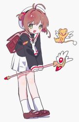  1girl antenna_hair backpack bag beret black_shirt brown_hair brown_shoes cardcaptor_sakura full_body fuuin_no_tsue green_eyes hair_bobbles hair_intakes hair_ornament hat holding holding_wand kero_(cardcaptor_sakura) kinomoto_sakura mill_gyunu open_mouth randoseru red_bag school_uniform shirt shoes short_hair sidelocks simple_background smile socks solo tomoeda_elementary_school_uniform v_arms wand white_background white_hat white_socks 