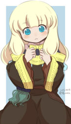  1girl aqua_eyes artist_name black_robe blonde_hair blue_background border closed_mouth commentary_request cowboy_shot dated hands_up looking_at_viewer missing_headwear official_alternate_color outside_border qontamblue robe rune_master_(sekaiju) rune_master_2_(sekaiju) sekaiju_no_meikyuu sekaiju_no_meikyuu_4 solo straight-on white_border wide_sleeves 