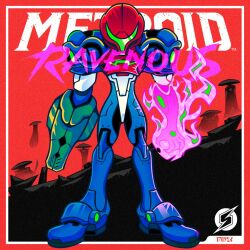  1girl 5others arm_cannon armor assault_visor commentary copyright_name english_commentary full_armor glowing_arm helmet metroid metroid_ravenous multicolored_armor multiple_others ngz0ne power_armor power_suit_(metroid) ravenous_suit red_helmet samus_aran weapon 