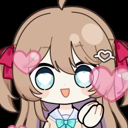  1girl ahoge animated animated_gif aqua_bow aqua_bowtie blue_eyes blue_sailor_collar blush_stickers bow bowtie brown_hair cardigan chibi chibi_only chunye_haruya commentary commission dot_nose english_commentary hair_between_eyes hair_ornament hair_ribbon hands_up heart heart-shaped_pupils heart_hair_ornament long_hair looking_at_viewer lowres neuro-sama neuro-sama_(1st_costume) open_mouth own_hands_clasped own_hands_together red_ribbon ribbon sailor_collar second-party_source shirt solo sticker_(medium) symbol-shaped_pupils transparent_background two_side_up upper_body vedal_ai virtual_youtuber white_shirt yellow_cardigan 