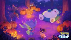  bush claws commentary_request eevee gengar hat highres jack-o'-lantern logo lying misdreavus mismagius night no_humans official_art on_back outdoors pokemon pokemon_(creature) pokemon_focus pokemon_sleep pumpkin snorlax tree watermark witch_hat 