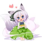  aburaage animal_ears blue_eyes blush chibi eyebrows fang food fox_ears fox_tail ghost hairband headphones heart highres hitodama inarizushi jigatei_(omijin) kemonomimi_mode kneeling konpaku_youmu konpaku_youmu_(ghost) myon omijin plate short_hair simple_background smile solo sushi tail touhou white_hair 