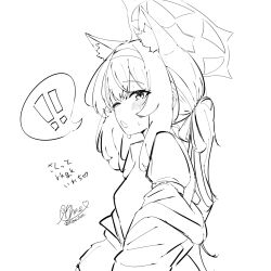 ! !! 1girl :o ;o animal_ear_fluff animal_ears blue_archive blush breasts greyscale hairband halo highres jacket k0me long_hair looking_at_viewer mari_(blue_archive) mari_(track)_(blue_archive) monochrome official_alternate_costume official_alternate_hairstyle one_eye_closed open_mouth ponytail puffy_sleeves shirt short_sleeves signature simple_background small_breasts solo spoken_exclamation_mark sweat twitter_username upper_body white_background 