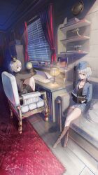  2girls absurdres analog_clock blonde_hair blue_eyes book boots borchardt_c-93 brown_boots brown_eyes c-93_(girls'_frontline) chair clock commission commissioner_upload couch european_architecture girls_frontline gloves grey_hair gun handgun hat highres holding holding_book legs luger_p08 military_hat military_uniform multiple_girls nightcap non-web_source p08_(girls'_frontline) picture_frame red_carpet shi3 short_hair sitting umbrella vgen_commission weapon white_gloves window 