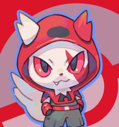  :3 belt black_eyes blue_outline capelet chibi chibi_only closed_mouth clothed_pokemon colored_sclera commentary_request fang grey_pants grey_shirt highres hood hood_up hooded_capelet outline pants poke_ball_symbol pokemon pokemon_(creature) pokemon_focus pokemon_ruby/sapphire/emerald red_background red_belt red_capelet red_sclera shirt smile team_magma team_magma_uniform yu_quan0709 zangoose 