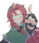  adapted_costume aqua_eyes blush braid bust face fang fingerless_gloves foreshortening gloves grin hands hat highres hong_meiling long_hair morino_hon pointing portrait red_hair redhead simple_background smile solo tears touhou 