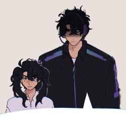  1boy 1girl black_hair black_jacket brother_and_sister child collared_shirt crying crying_with_eyes_open hair_between_eyes headphones highres jacket omniscient_reader's_viewpoint partially_shaded_face rhaastyogurt serious shirt short_hair siblings speech_bubble tears twintails upper_body white_shirt yoo_joonghyuk yoo_mia 