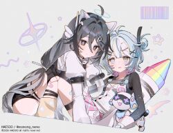  2026 2girls ahoge animal_ears arm_belt armband bandaid bandaid_on_leg barcode belt belt_collar black_belt black_eyes black_hair black_shorts blush cable_tie collar colored_inner_hair commentary_request copyright_notice crayon crop_top fake_animal_ears girl_on_top gloves grey_background grey_eyes grey_hair hair_belt hair_intakes hair_ornament highres korean_commentary leg_warmers long_hair long_sleeves looking_at_viewer lov_hq00 mismatched_pupils multicolored_hair multiple_girls non-humanoid_robot original parted_lips pink_hair pink_skirt puffy_long_sleeves puffy_sleeves robot robot_animal robot_dog shirt short_hair short_shorts shorts skirt solid_circle_pupils star_(symbol) thigh_strap very_long_hair white_armband white_shirt wing_hair_ornament yellow_leg_warmers 