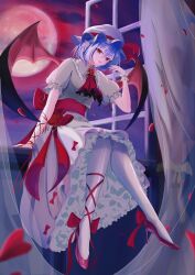  1girl absurdres ascot bat_wings blue_hair brooch collared_shirt commentary_request curtains frilled_shirt_collar frills full_body full_moon hat hat_ribbon high_heels highres jewelry looking_at_viewer mob_cap moon night on_windowsill pantyhose pink_skirt puffy_short_sleeves puffy_sleeves red_ascot red_eyes red_moon red_shoes remilia_scarlet ribbon shirt shoes short_sleeves sitting skirt solo touhou um1bcelzp033383 white_hat white_pantyhose white_shirt wings 