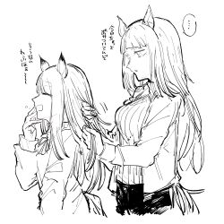  2girls absurdres animal_ears blunt_bangs breasts gold_ship_(umamusume) greyscale highres horse_ears horse_girl horse_tail jacket large_breasts long_hair mejiro_mcqueen_(umamusume) monochrome multiple_girls open_mouth ribbed_sweater sakeno_rarukan sketch sweater tail translation_request umamusume 