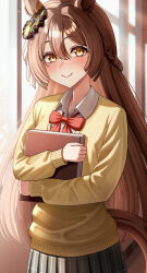  1girl animal_ears blush book bow braid breasts brown_eyes brown_hair closed_mouth collared_shirt double-parted_bangs ear_ornament grey_skirt hair_between_eyes half_up_braid highres holding holding_book horse_ears horse_girl horse_tail long_hair long_sleeves looking_at_viewer motusii multicolored_hair red_bow satono_diamond_(umamusume) school_uniform shirt skirt smile solo streaked_hair sweater tail umamusume very_long_hair white_shirt yellow_sweater 