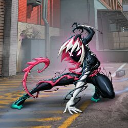  1girl alley black_bodysuit bodysuit city gwenom looking_at_viewer marvel multicolored_bodysuit outdoors patrick_brown solo spider-man_(series) white_bodysuit 