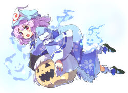  1girl black_ribbon black_shoes blue_bow blue_hat blue_kimono bow breasts commentary_request frilled_kimono frilled_sleeves frills geta hat japanese_clothes kimono large_breasts long_sleeves mob_cap neck_ribbon obi pink_hair red_eyes ribbon saigyouji_yuyuko sash shoes short_hair sleeve_garter solo tanasuke touhou triangular_headpiece waist_bow wavy_hair wide_sleeves 