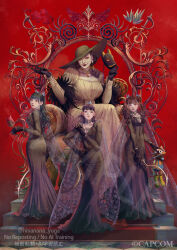  4girls alcina_dimitrescu babymetal black_dress black_gloves black_hair black_hat cape commentary_request cup dress fox_mask full_body gloves hat highres hinanana_yuga holding holding_cup holding_mask holding_sickle holding_smoking_pipe kikuchi_moa large_hat long_dress long_sleeves mask mizuno_yui multiple_girls nakamoto_suzuka official_art on_stairs real_life red_background red_lips resident_evil resident_evil_village see-through_cape see-through_clothes sickle simple_background smile smoking_pipe standing throne twintails two_side_up white_dress 