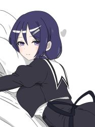  1girl assault_lily bed_sheet black_skirt blush breasts closed_mouth cropped_jacket from_side hair_between_eyes hair_ornament hairclip head_on_pillow heart high-waist_skirt highres juliet_sleeves kimassi long_sleeves looking_to_the_side low_twintails lying medium_breasts on_stomach pillow puffy_sleeves purple_hair school_uniform shirt skirt smile solo twintails upper_body violet_eyes watanabe_akane white_background white_shirt yurigaoka_girls_academy_school_uniform 