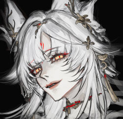  1girl animal_ear_fluff animal_ears black_background fox_ears fox_girl gi_ra1 hair_ornament highres hsin_(wuthering_waves) long_hair looking_at_viewer orange_eyes parted_lips portrait simple_background smile solo white_hair wuthering_waves 