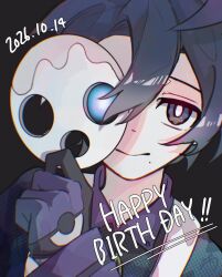  1boy allister_(pokemon) black_background black_hair bright_pupils collared_shirt commentary_request dated gift_art gloves grey_eyes hand_up happy_birthday holding holding_mask looking_at_viewer male_focus mask nirugiri_(nirgy) pokemon pokemon_sword_and_shield second-party_source shirt short_hair solo suspenders upper_body white_pupils 