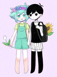  2boys antenna_hair backpack bag barefoot basil_(headspace)_(omori) basil_(omori) black_bag black_eyes black_hair black_tank_top black_thighhighs blue_overalls blush chibi chibi_only closed_mouth colored_skin commentary_request double-parted_bangs flipped_hair flower flower_wreath green_eyes green_hair green_shirt hair_between_eyes head_wreath highres holding holding_flower looking_at_another male_focus multiple_boys nana_(papapaimon) omori omori_(omori) open_mouth overall_shorts overalls purple_background shirt short_hair short_sleeves shorts sidelocks simple_background smile striped_clothes striped_shorts sunflower tank_top teeth thigh-highs tongue tulip upper_teeth_only vertical-striped_clothes vertical-striped_shorts white_flower white_shorts white_skin white_tulip 