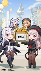  >_< 4girls :d ;) ;d ahoge anis_(nikke) anniversary balloon beret black_boots black_gloves black_jacket black_thighhighs blue_sky boots brown_hair brown_thighhighs clouds cloudy_sky copyright_name counters_(nikke) facing_viewer fingerless_gloves full_body gift gloves goddess_of_victory:_nikke green_eyes gun hat highres holding holding_gift holding_gun holding_weapon jacket long_hair long_sleeves looking_at_viewer modernia_(nikke) multiple_girls neon_(nikke) official_art one_eye_closed open_mouth purple_hair rapi_(nikke) red_eyes semi-rimless_eyewear shirt shotgun skirt sky smile stairs tareme thigh-highs thigh_boots violet_eyes weapon white_hair white_shirt white_skirt white_thighhighs yellow_eyes 