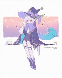  1boy adapted_costume aqua_gem artist_name ascot beak bird bird_on_hand bird_wings black_boots black_cape black_hat black_shorts blue_cape blue_scarf blush boots border bright_pupils buttons cape closed_mouth diamond_button electro_symbol_(genshin_impact) feathered_wings four-pointed_star full_body garter_belt gem genshin_impact gradient_background grey_hair hair_between_eyes hand_up hat hat_ornament hat_ribbon heart high-waist_shorts highres holding holding_wand lingzhijun_reinoki long_hair_between_eyes long_sleeves looking_at_animal male_focus mitya_(genshin_impact) musical_note outside_border pink_background puffy_long_sleeves puffy_sleeves purple_background purple_gem purple_ribbon purple_scarf ribbon scarf shirt short_hair shorts sitting smile socks solo star_(symbol) star_hat_ornament star_symbol_background tassel two-sided_cape two-sided_fabric two-tone_background violet_eyes vision_(genshin_impact) wand watermark wavy_hair white_ascot white_border white_pupils white_shirt white_socks wings witch_hat yellow_gem 