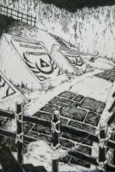  1boy absurdres bald child fence graveyard graveyard_boy_(zelda) greyscale highres kandori_makoto mask monochrome outdoors scenery solo the_legend_of_zelda the_legend_of_zelda:_ocarina_of_time tombstone traditional_media very_wide_shot 