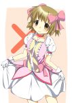  1girl bad_id bow cosplay creator_connection cross hair_bow hair_ornament hidamari_sketch highres kaname_madoka kaname_madoka_(cosplay) mahou_shoujo_madoka_magica solo yuno 