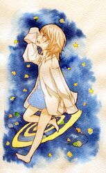  ahoge barefoot brown_eyes brown_hair dress highres keipapa last_order profile sketch sleeves_past_wrists solo star to_aru_majutsu_no_index traditional_media watercolor_pencil_(medium) 