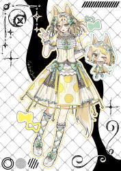  1girl :3 :d ;3 absurdres alternate_costume animal_ears artist_name bead_necklace beads blonde_hair blush bow bow_print brown_eyes chibi chibi_inset closed_mouth commentary_request crescent cross-laced_clothes cross-laced_legwear dot_nose dress eyelashes footwear_bow four-pointed_star fox_ears fox_girl fox_shadow_puppet fox_tail frilled_socks frilled_wrist_cuffs frills full_body green_bow green_outline hair_between_eyes hair_bow hand_on_own_hip hand_up headdress highres idol_clothes jewelry kudamaki_tsukasa long_hair long_hair_between_eyes looking_at_viewer medium_hair multiple_hair_bows necklace one_eye_closed open_mouth orange_outline outline pigeon-toed polka_dot polka_dot_dress puffy_short_sleeves puffy_sleeves shoes short_sleeves signature smile socks solo split_mouth star_(symbol) tail touhou tsudumigasa white_background white_dress white_outline white_shoes white_socks wrist_cuffs yellow_bow 