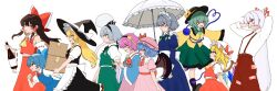  6+girls apron artist_request ascot back_bow bat_wings black_bow black_bowtie black_hairband black_hat black_skirt black_vest blonde_hair blue_bow blue_dress blue_eyes blue_hair blue_shirt bottle bow bowtie box braid brown_eyes brown_hair buttons cardboard_box cirno collared_shirt commentary_request crystal crystal_wings detached_sleeves detached_wings diamond_button disembodied_linked_eye dress eyeball flandre_scarlet frilled_bow frilled_hair_tubes frilled_shirt_collar frilled_sleeves frills fujiwara_no_mokou green_bow green_eyes green_hair green_skirt green_vest grey_hair hair_bow hair_ornament hair_tubes hairband hakurei_reimu hat hat_bow hat_ribbon heart heart_button heart_hair_ornament heart_of_string hitodama holding holding_bottle holding_box holding_umbrella ice ice_wings izayoi_sakuya kirisame_marisa komeiji_koishi komeiji_satori konpaku_youmu konpaku_youmu_(ghost) long_hair long_sleeves maid maid_headdress mob_cap multicolored_wings multiple_girls ofuda ofuda_on_clothes one_side_up open_mouth pants parasol pinafore_dress pink_eyes pink_hair pink_hat pink_shirt pink_skirt pointy_ears puffy_short_sleeves puffy_sleeves red_ascot red_bow red_bowtie red_eyes red_pants red_skirt red_vest remilia_scarlet ribbon ribbon-trimmed_sleeves ribbon_trim second-party_source shirt short_sleeves side_braid single_braid skirt skirt_set sleeveless sleeveless_dress smile suspenders touhou twin_braids umbrella very_long_hair vest waist_apron white_apron white_bow white_hat white_shirt wide_sleeves wings witch_hat yellow_ascot yellow_bow yellow_eyes yellow_shirt 