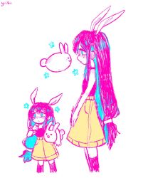 1girl alternate_eye_color alternate_hair_color alternate_universe animal animal_ears artist_name aubrey_(headspace)_(omori) aubrey_(omori) bad_id bad_twitter_id black_socks blue_eyes blush colored_inner_hair commentary crying crying_with_eyes_open english_commentary forest_bunny_(omori) highres holding holding_animal holding_rabbit kemonomimi_mode long_hair multicolored_hair omori pink_hair rabbit rabbit_ears rabbit_girl simple_background skirt socks solo tears two-tone_hair very_long_hair white_background yellow_skirt yuilu_(yuiluqqq) 