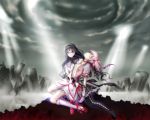  2girls akemi_homura clouds dress glasses kaname_madoka mahou_shoujo_madoka_magica pink_hair ruins sky violet_eyes 