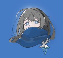  1girl ai_(keliandeaai) bkornblume blue_background blue_eyes blue_scarf bright_pupils chinese_commentary commentary_request grey_hair long_hair looking_at_viewer portrait reverse:1999 scarf scarf_over_mouth solo white_pupils 