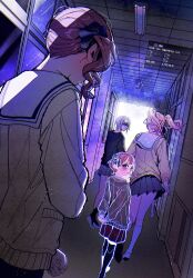  4girls absurdres art_program_in_frame black_hair black_socks blonde_hair brown_hair cardigan clenched_hand commentary_request constellation cuz_39 dutch_angle from_side grey_hair grey_shirt grey_skirt hair_ornament hair_scrunchie hallway hand_on_own_arm highres hinomori_shiho hood hooded_jacket hoshino_ichika_(project_sekai) indoors jacket korean_commentary leo/need_(project_sekai) long_sleeves looking_at_another looking_back miniskirt miyamasuzaka_girls'_academy_school_uniform mochizuki_honami multiple_girls no_eyes pleated_skirt project_sekai sailor_collar school school_uniform scrunchie serafuku shaded_face shirt short_hair side_ponytail sidelocks skirt socks star_(symbol) star_print stars_off_orbit_(project_sekai) tenma_saki tile_roof translation_request twintails walking white_sailor_collar white_socks yellow_cardigan 