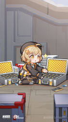  1girl ahoge anis_(nikke) anniversary beret black_gloves black_jacket black_shorts black_thighhighs briefcase brown_hair chibi copyright_name full_body gloves goddess_of_victory:_nikke hair_ornament hat highres jacket long_sleeves navel official_art open_mouth short_hair shorts single_glove solo thigh-highs yellow_eyes 
