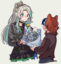  2girls alternate_hair_length_(longer) black_choker black_shirt black_skirt bouquet cecilia_immergreen cecilia_immergreen_(casual) choker colored_inner_hair doll_joints flower fongban_illust frills green_eyes green_hair grey_hair hakos_baelz highres holding holding_bouquet hololive hololive_english joints long_hair long_sleeves multicolored_hair multiple_girls official_alternate_hairstyle red_hair shirt skirt virtual_youtuber winding_key 