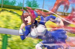  1girl animal_ears blue_dress breasts brown_hair commentary_request daiwa_scarlet_(peak_blue)_(umamusume) daiwa_scarlet_(umamusume) dress epaulettes facing_to_the_side highres horse_ears horse_girl horse_racing_track horse_tail large_breasts motion_blur open_mouth pisa_(user_dncg2245) railing red_eyes running solo tail twintails umamusume 