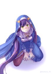  1girl absurdres aoihana_15 between_legs blue_dress blush breasts brown_pantyhose closed_mouth dress from_above hair_ornament highres jewelry long_hair long_sleeves looking_at_viewer medium_breasts melty_pristis necklace nose_blush nun nun_headdress pantyhose puffy_long_sleeves puffy_sleeves purple_hair re:zero_kara_hajimeru_isekai_seikatsu shadow simple_background sitting solo twintails twitter_username veil very_long_hair virtual_youtuber wariza wavy_mouth white_background yellow_eyes 