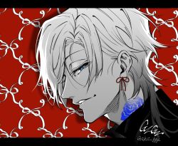  1boy blue_lock blue_tattoo earrings flower_tattoo from_side gzgz_ggg jewelry letterboxed looking_at_viewer male_focus michael_kaiser neck_tattoo parted_lips red_background short_hair short_hair_with_long_locks sideways_glance signature simple_background solo tattoo teeth 